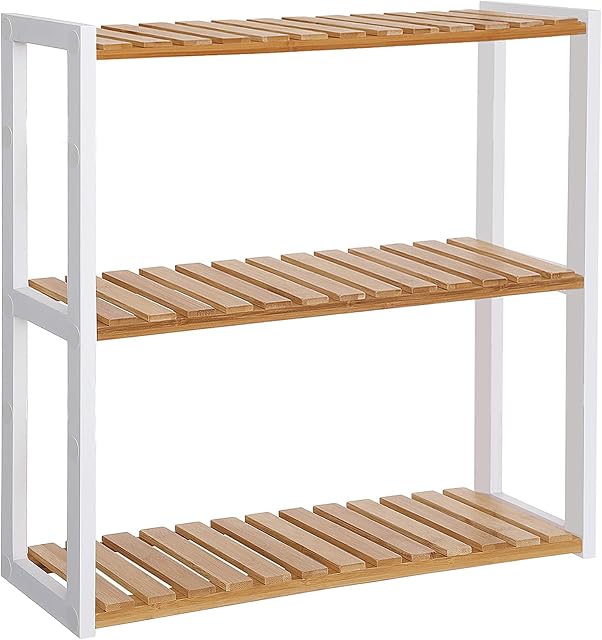 SONGMICS Bamboo Bathroom Shelf, 3-Tier Adjustable Plants Rack, Wall-Mounted or Stand, in the Living Room, Balcony, Kitchen, Natural and White BCB13WN