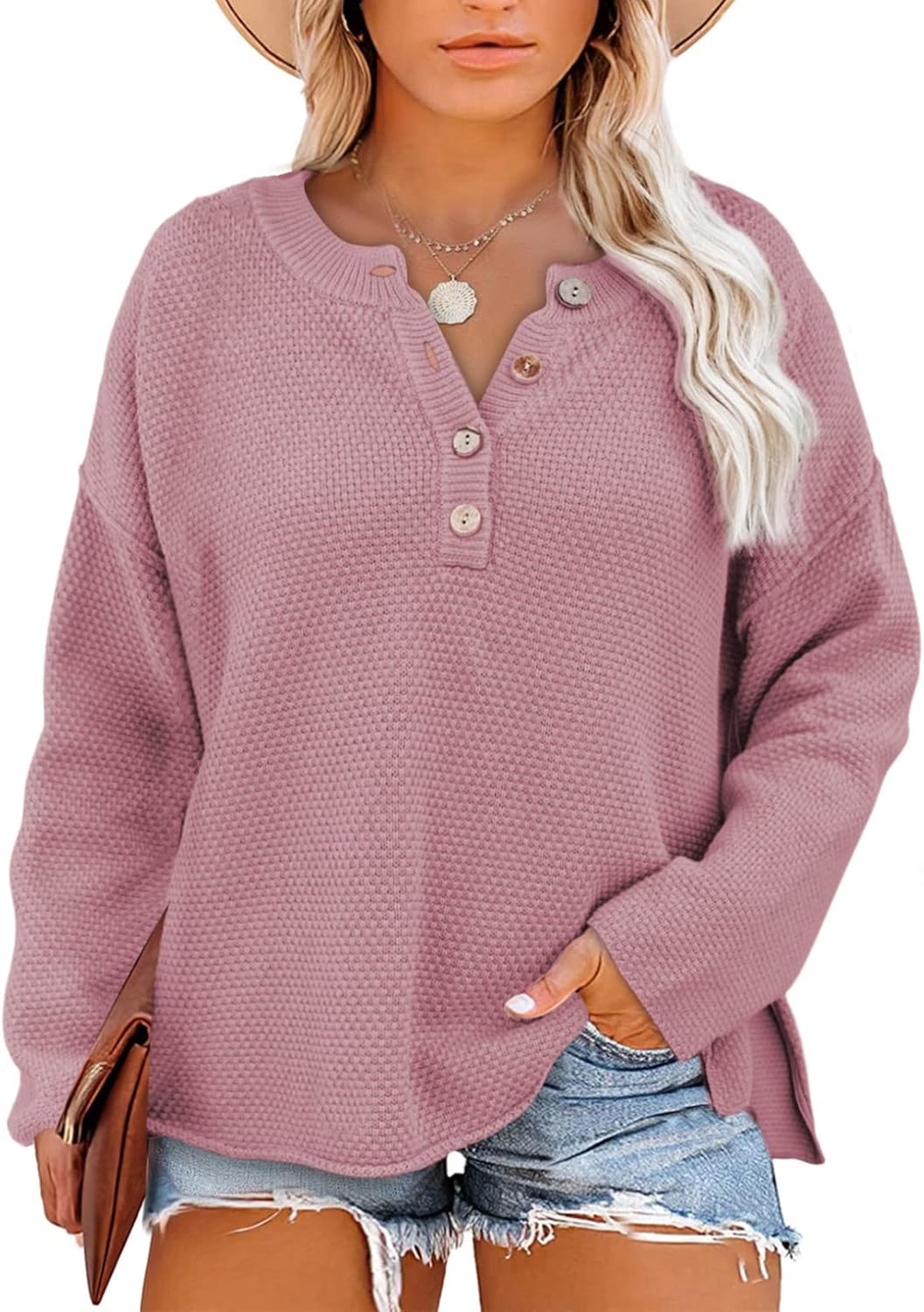 Eytino Womens Plus Size Sweaters Casual Long Sleeve Loose V Neck Button Henley Tops Pullover Knit Jumpers,(1X-5X)