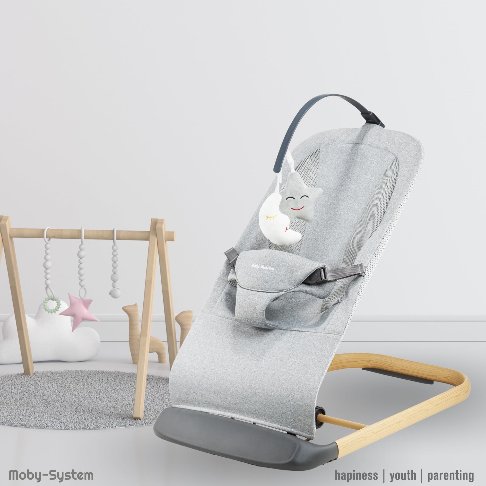 Moby-System Hamaca Bebé LILY 2 en 1 - Hamaquita Mecedora con Cojín Reductor y Arco de Juegos - Reclinable 3 Posiciones, Tejido de Lino Transpirable, hasta 9 kg - Gris
