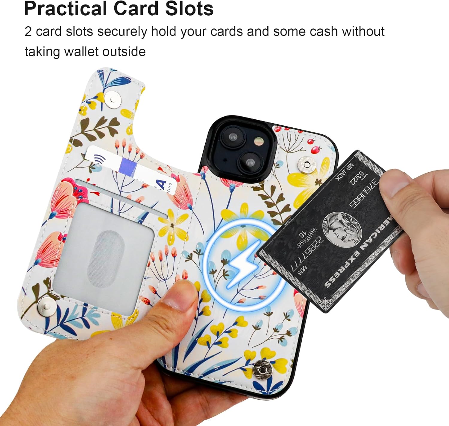 HAOPINSH for iPhone 15 Case Wallet Compatible with MagSafe Wireless Charging, Floral Flower Pattern Back Flip Folio RFID Blocking Leather Kickstand Card Slots Case Double Magnetic Clasp Cover 6.1"