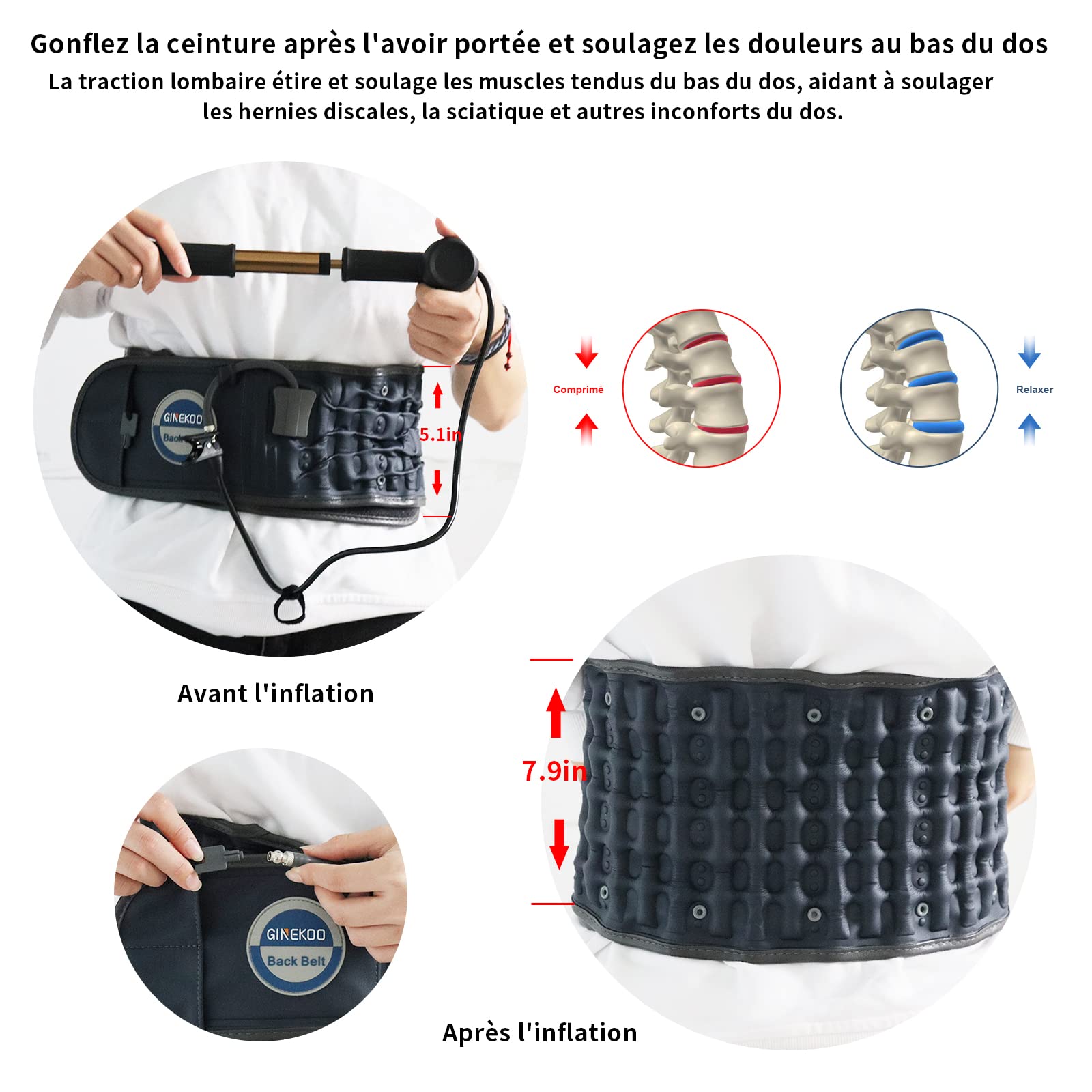 Ceinture de décompression pour le dos – Ceinture de traction à air de la colonne vertébrale pour soutien lombaire et douleurs lombaires – Ceinture de traction lombaire – Bleu (73,7 à 124,5 cm)