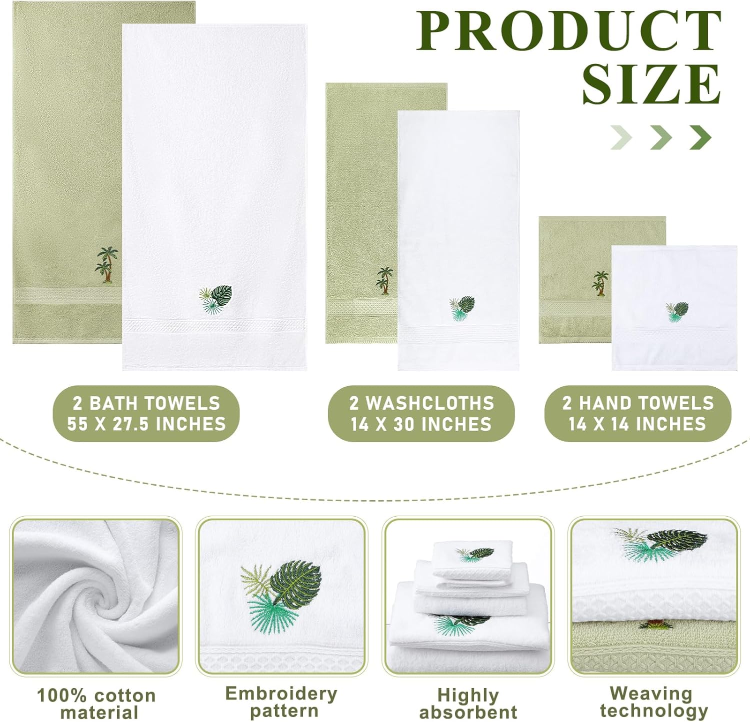 6 Pcs Summer Monstera Leaf Palm Tree Bath Towel Set 2 Washcloths, 2 Hand Towels, 2 Bath Towels for Bathroom Summer Towel Decorative Set