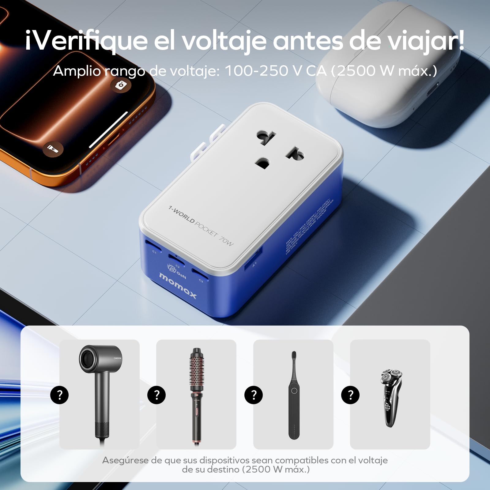 MOMAX 70W GAN Adaptador Enchufe Universal Delgado, Enchufe Universal con 3 USB C y 1 USB A, Adaptador Universal Enchufe Viaje, Adaptador de Viaje para Inglaterra, EE. UU., Japón, Tailandia y Australia