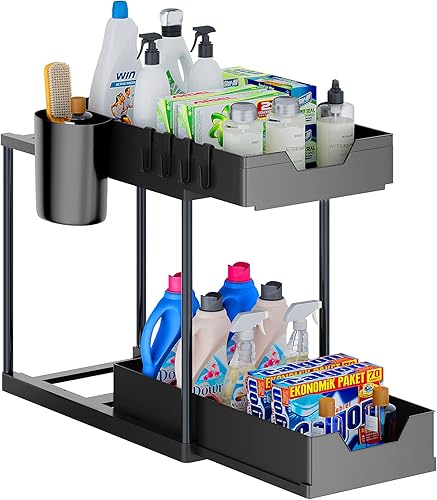 YYS Robustos y espaciosos debajo del fregadero, organizadores de gabinete para cocina, baño, 2 niveles para almacenamiento más grande, debajo de la