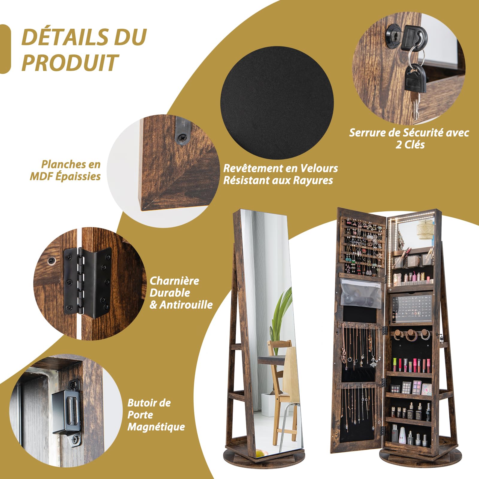GOPLUS Armoire à Bijoux, Organisateur De Bijoux Debout Avec Miroir Pleine Longueur 4 Angles Inclinables Reglables Lumieres Led Integrees Crochets 5 Etageres Et 2 Tiroirs Brun 88445321