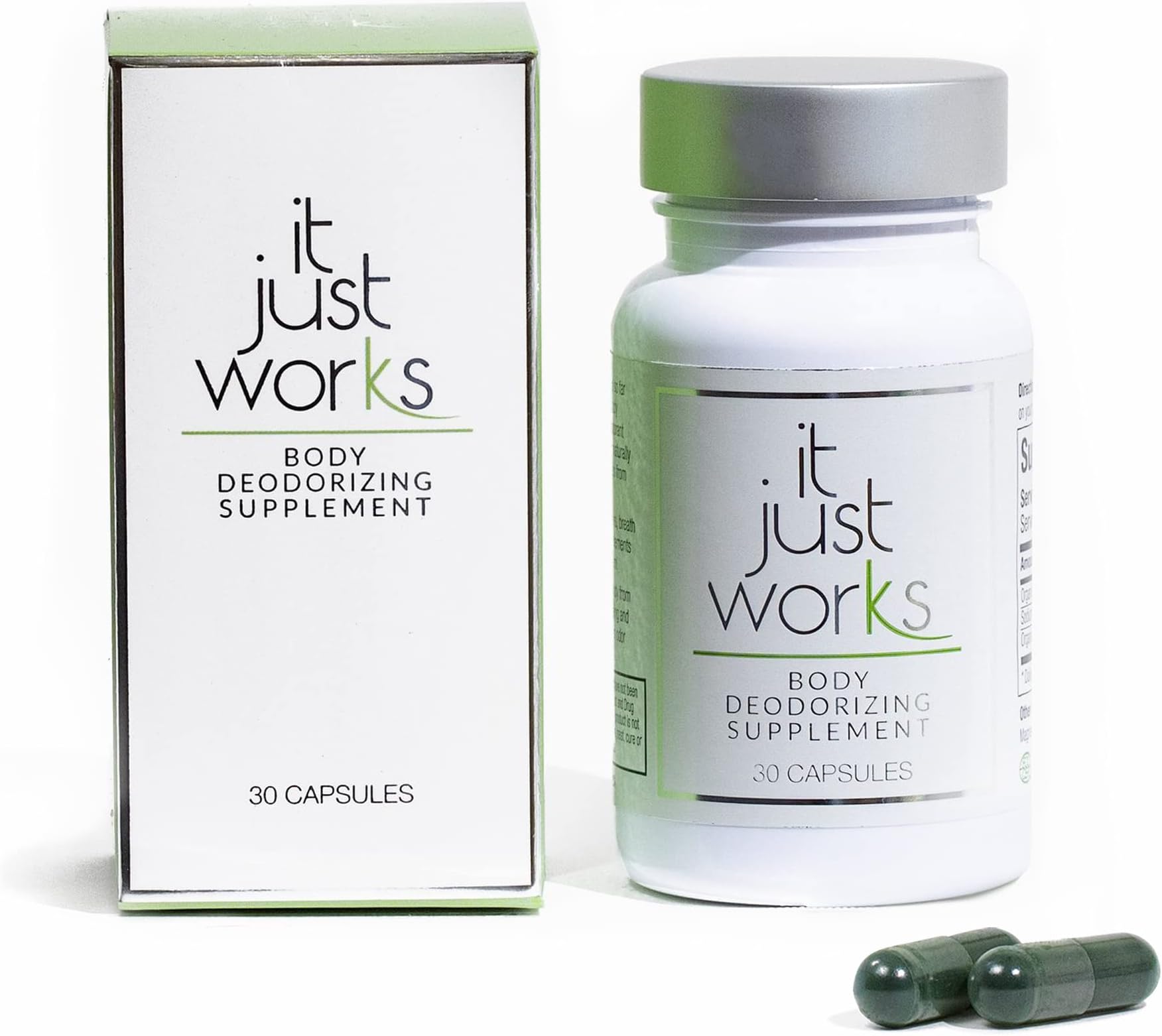It Just Works Whole Body Natural Deodorizing Supplement for Full Freshness - Vegan & Organic Internal Deodorant for Underarms, Intimate Areas, and Private Parts, 30 Capsules
