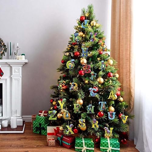 Miniatura 5 de Adornos de dinosaurio de Navidad con dije de dibujos animados de 26 letras, figuras de dinosaurio de acrílico, regalo colgante para árbol de