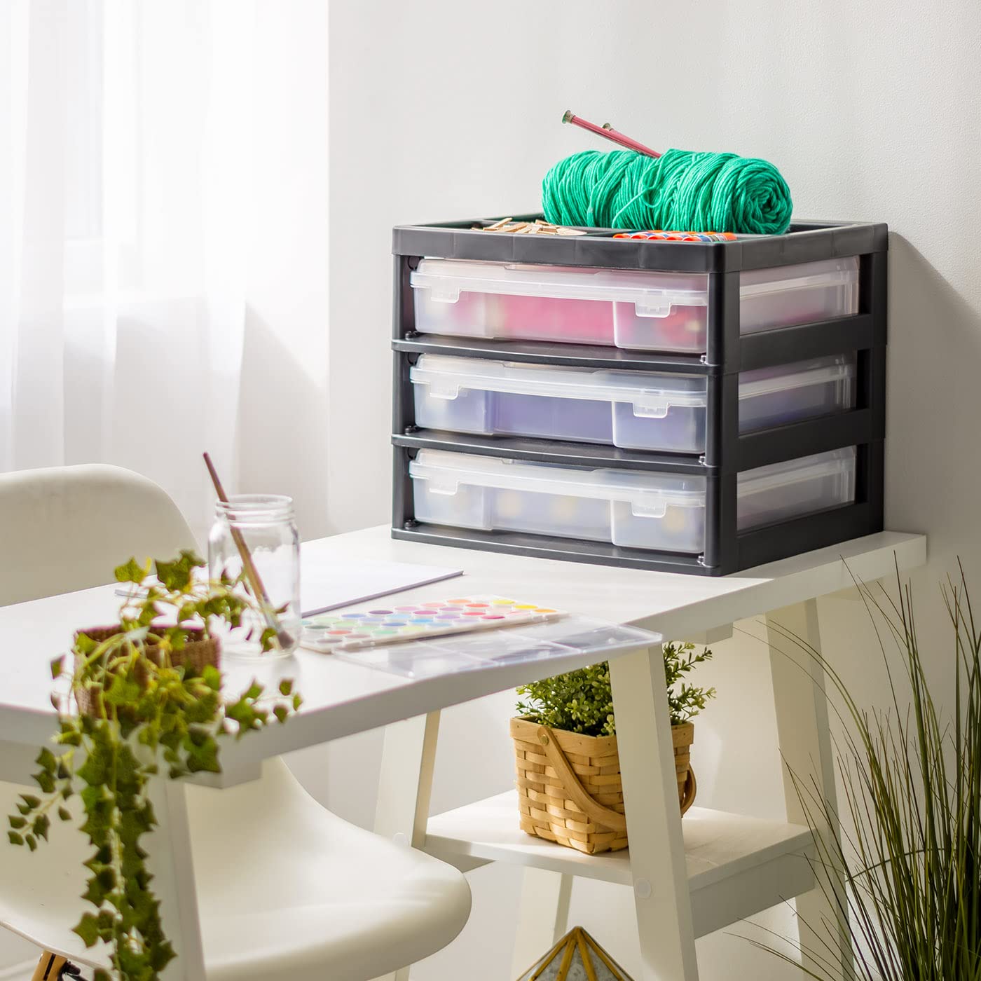 IRIS USA 3-Tier Scrapbook Storage Unit with Organizer Top for Papers, Tools, Office, Art and Crafting Supplies, Great for Desktop, Black Frame with 3 Clear Scrapbooking Drawer Cases, 1-Pack (500193)