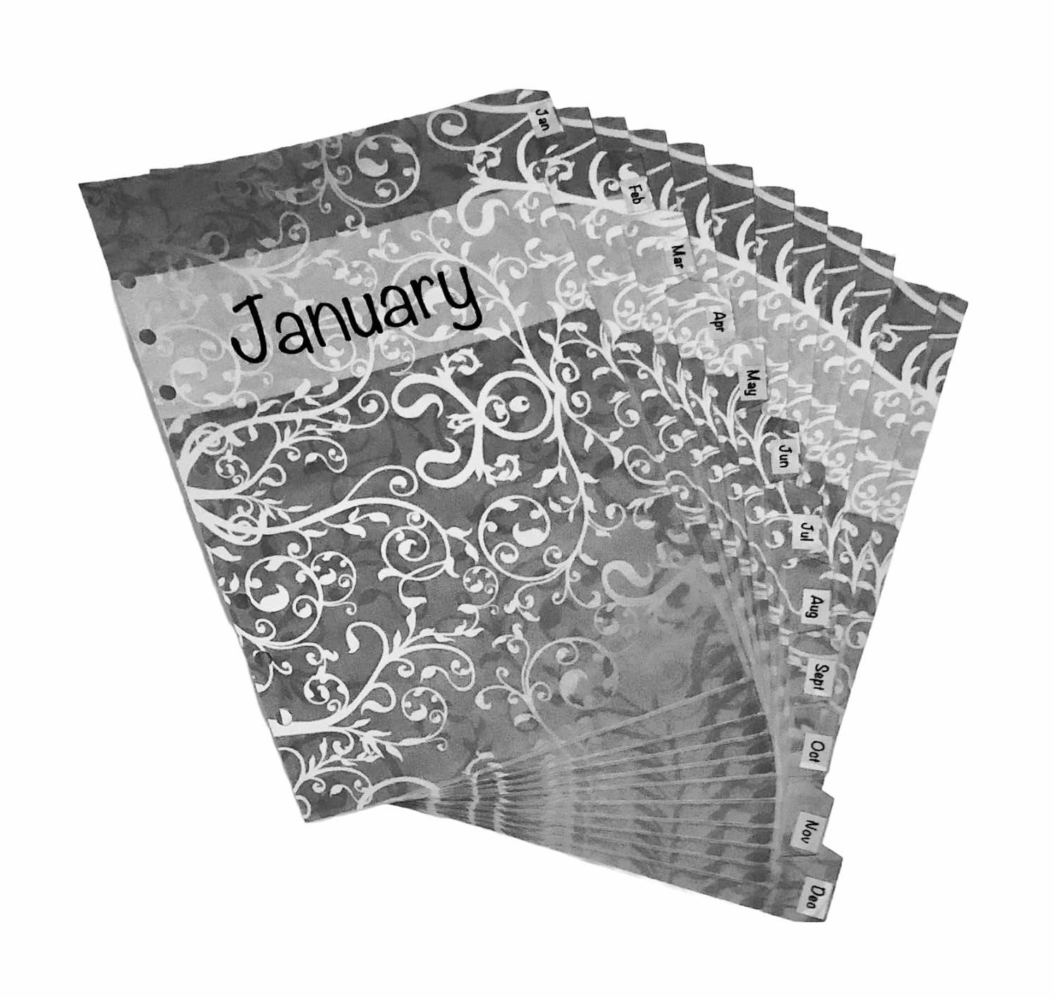 A5 Silver Patterned Month 6 Ring Dividers - Set of 12 - Fully laminated