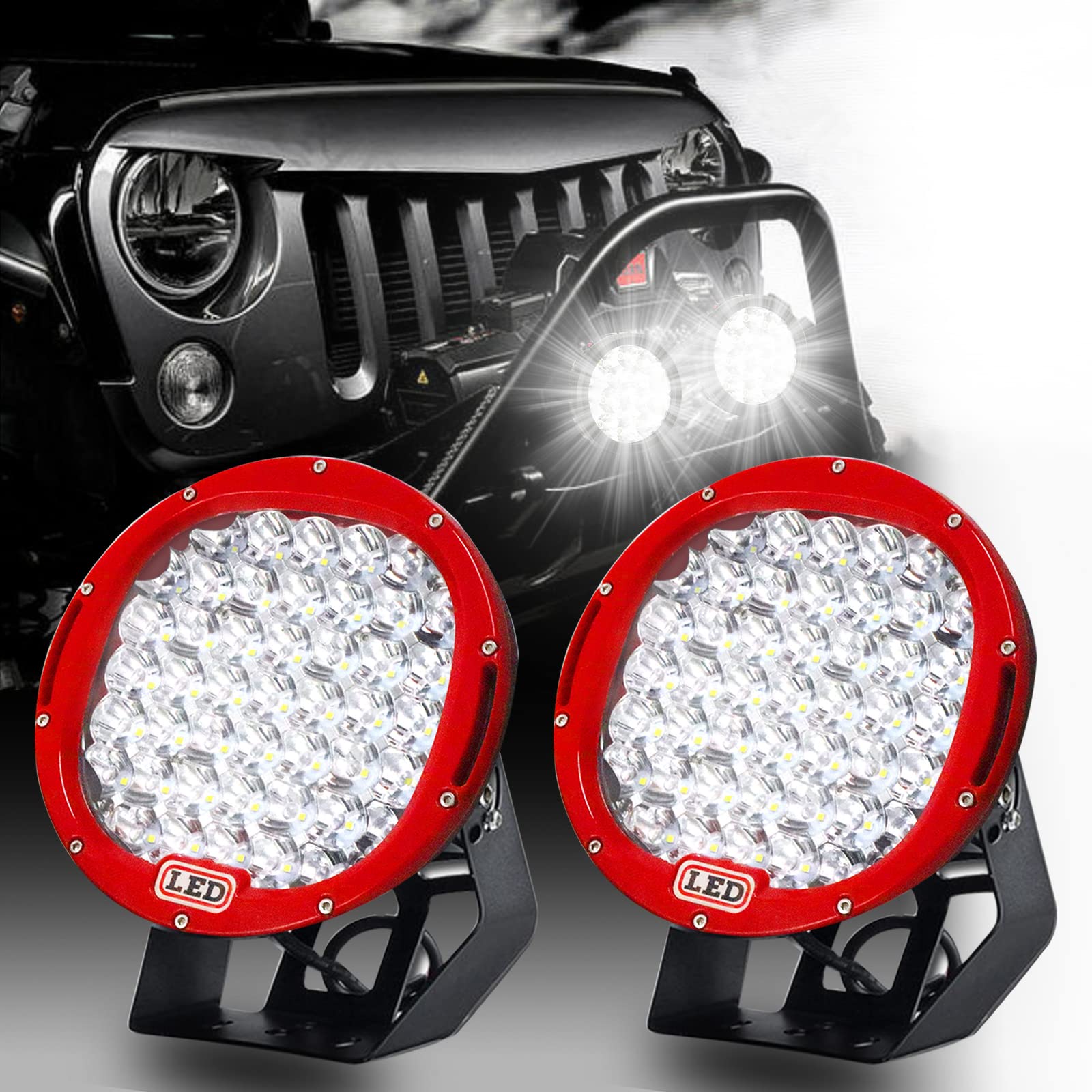 Willpower 2 sztuki 25 cm 225 W okrągłe czerwone światło robocze LED białe 6000 K światło punktowe LED lampy do jazdy przeciwmgielnej IP67 wodoodporne z uchwytami montażowymi do 4 x 4 terenowych ciężarówek traktora SUV ATV, 12 V 24 V
