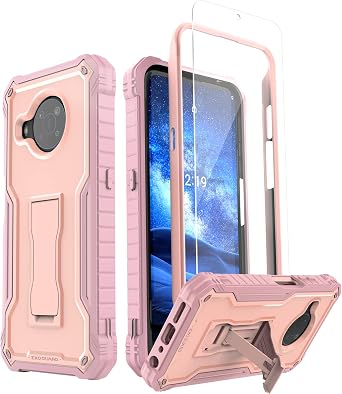 ExoGuard for Nokia X100 Case, Rubber Shockproof Full-Body Cover Case with Tempered Glass Screen Protector Built-in Kickstand Pink
