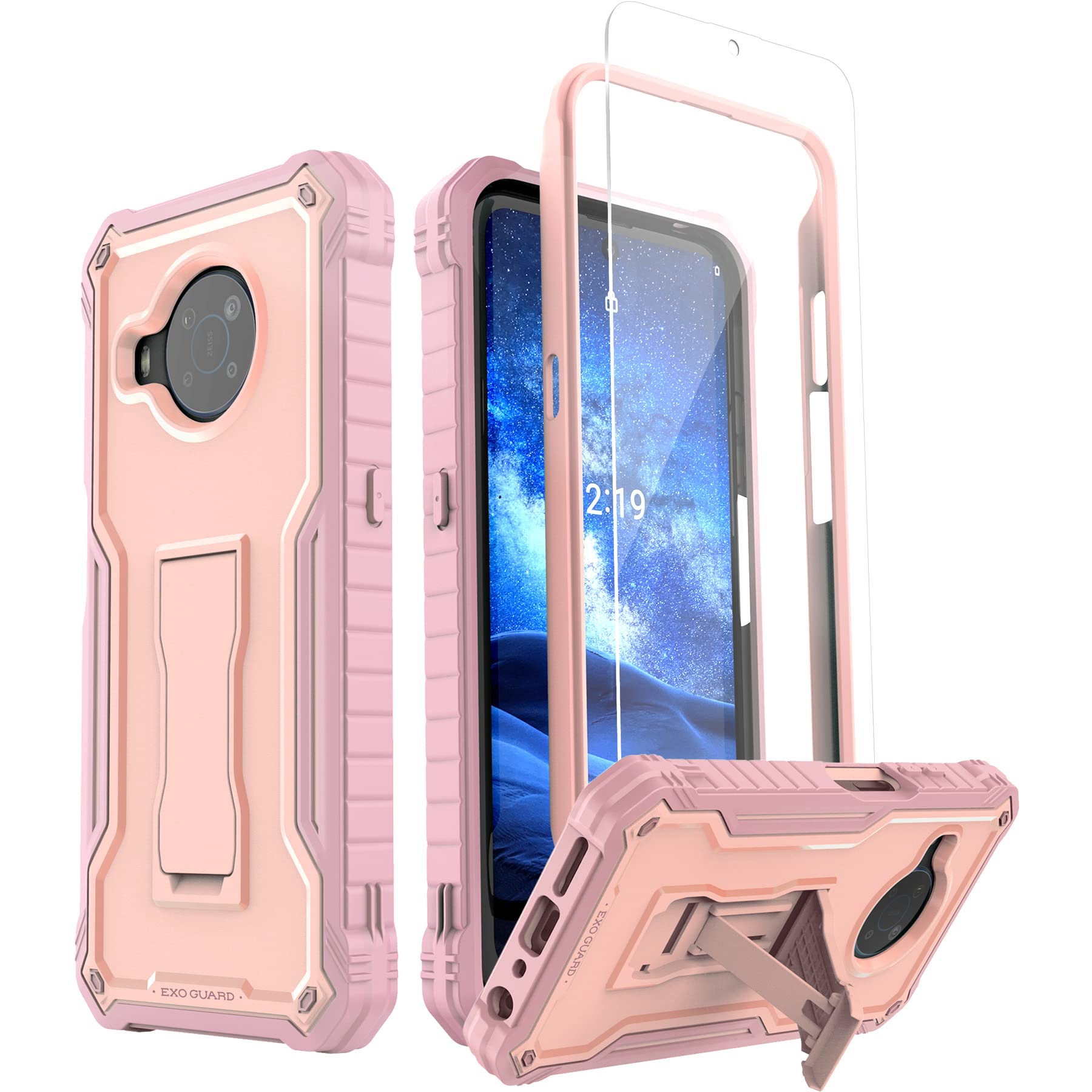 ExoGuard for Nokia X100 Case, Rubber Shockproof Full-Body Cover Case with Tempered Glass Screen Protector Built-in Kickstand (Pink)