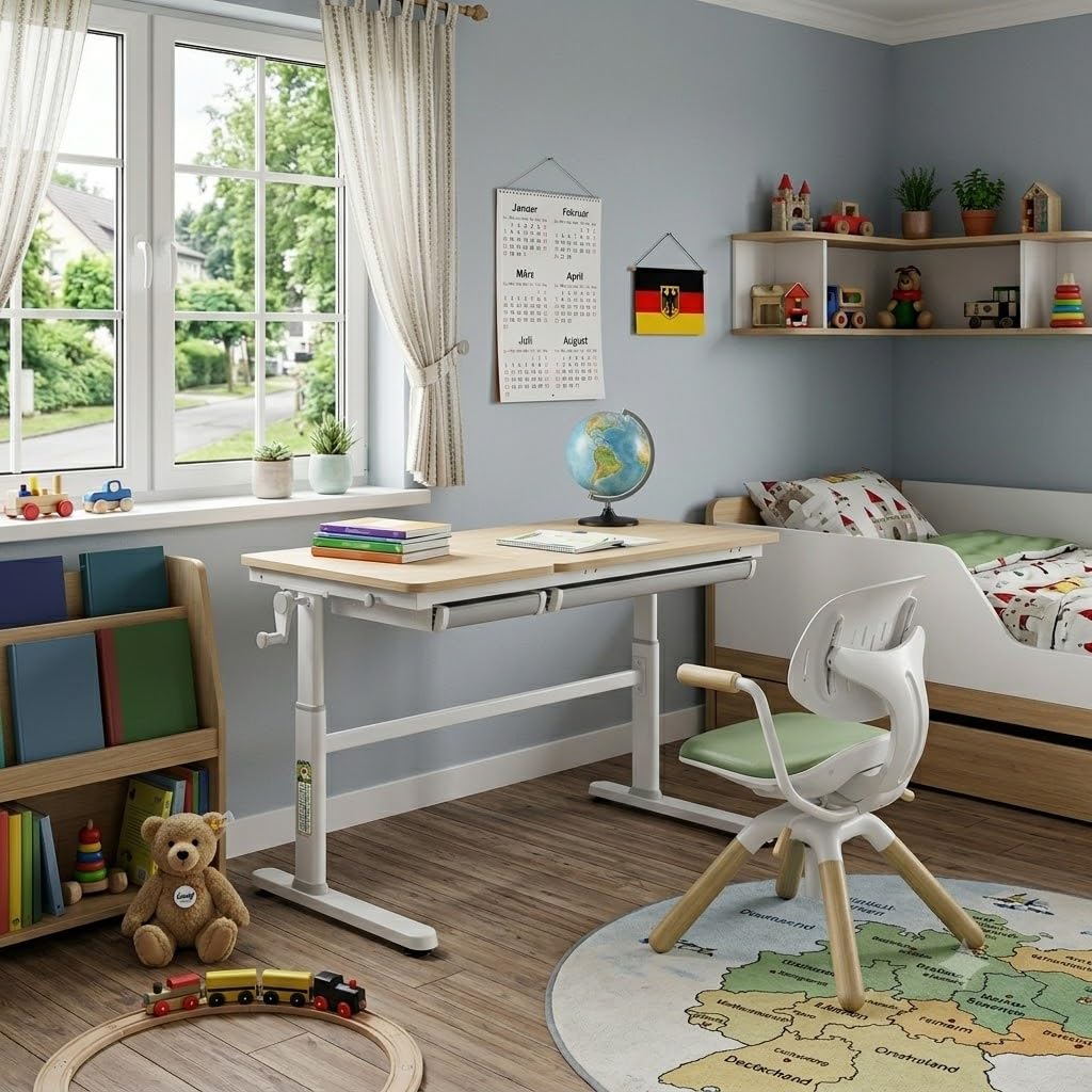 HOKO Kinderschreibtisch, Höhenverstellbar Kinderschreibtische 120x60 cm, Schreibtisch Kinder ab 6 Jahren, neigbare Tischplatte mit Schubladen, 100kg Belastbarkeit, Verstellbar von 54-76cm (Holz,CELIN)