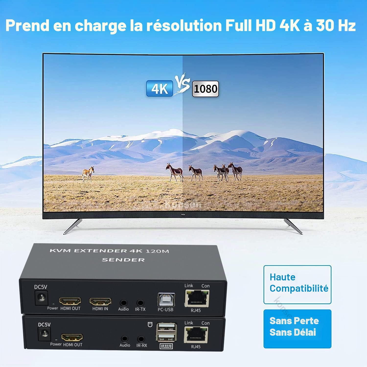 4K HDTV 120M KVM Extender HDMI-Compatible USB-A Clavier Souris 3.5mm AUX Alliage d'aluminium sur CAT6 RJ45 LAN Ethernet Extender (120M)