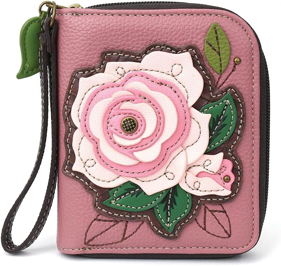 Chala Group Handbags Pink Rose Zip-Around Wallet - Wristlet, Brown, 5 inch x 6 inch x 1 inch