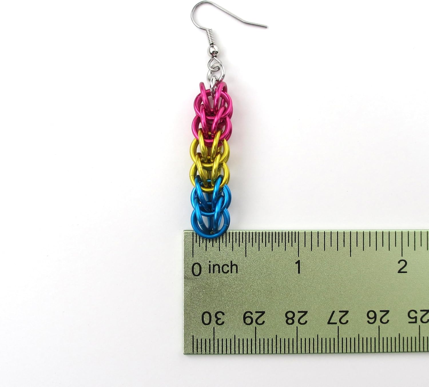 Pansexual pride earrings, pink, yellow and blue handmade chainmail jewelry, LGBTQIA gifts