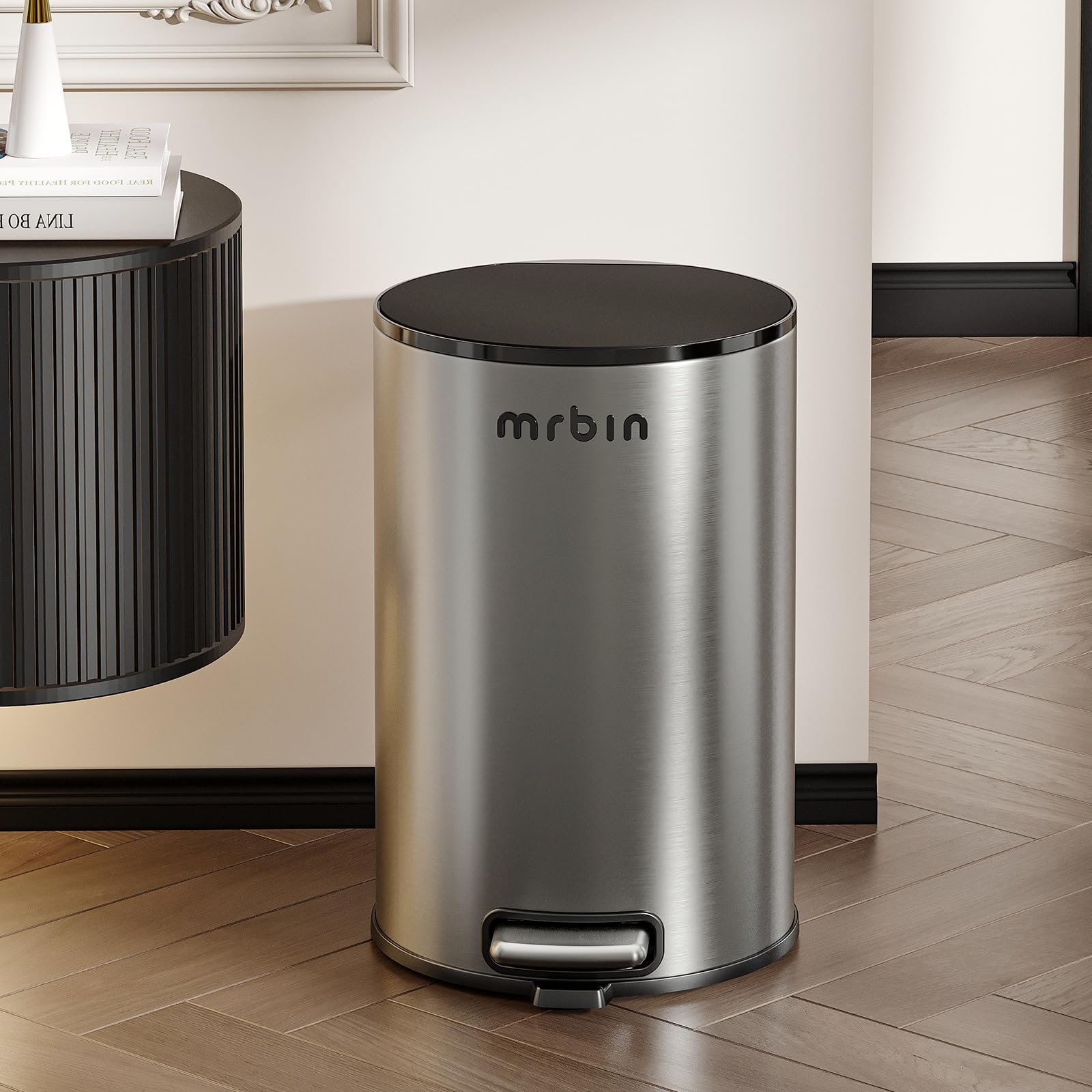 MRBIN Garbage Can Bathroom Bin with Lid, 13L Small Step Trash Can, Stainless Steel Garbage Bin with Plastic Inner Bucket Round Soft Close Dustbin for Bedroom, Toilet, Brushed Grey