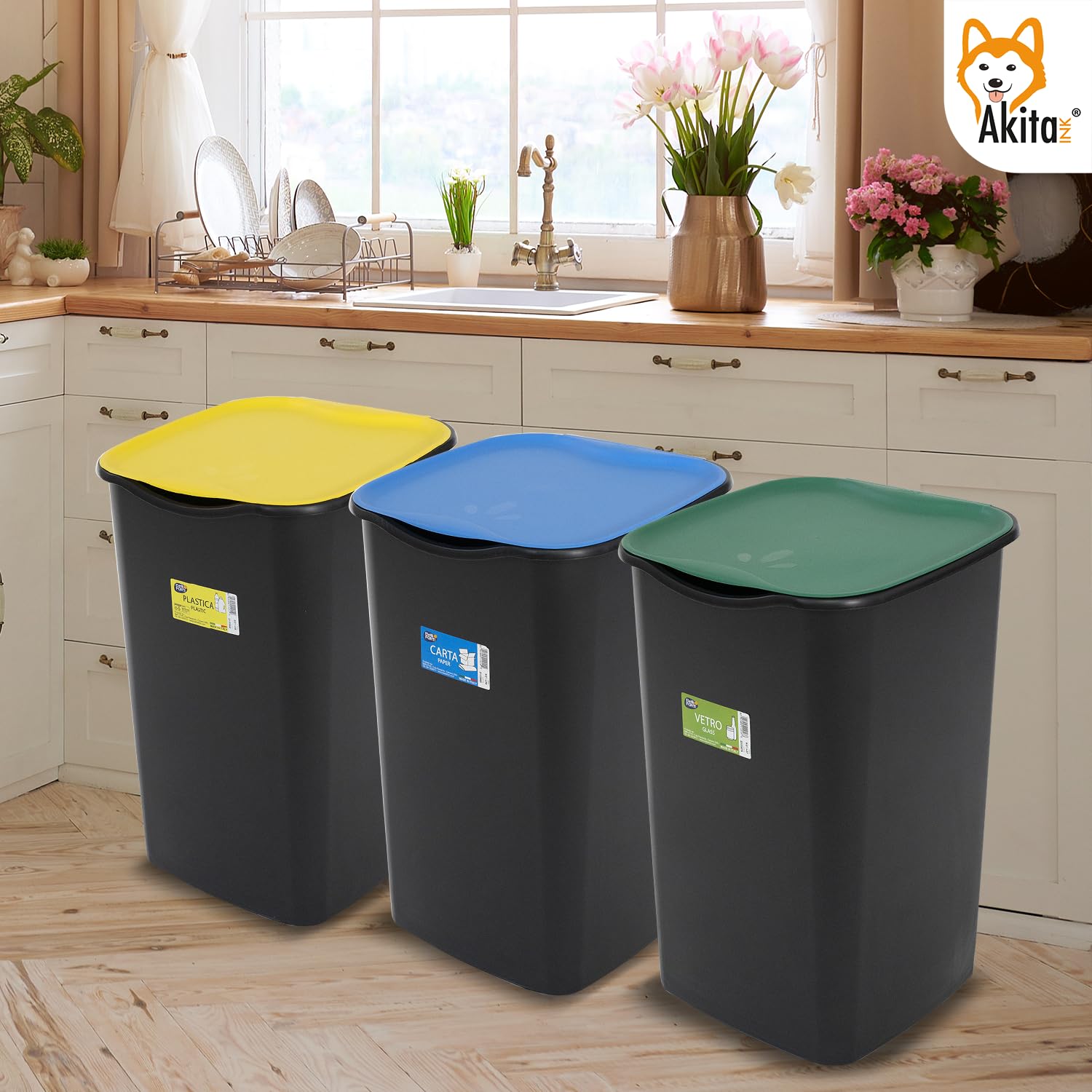 AKITAInk - Set 3 Pattumiere Differenziate AKIJAZZ3, Secchio Pattumiera 3 Bidoni da 50 litri – Organizza la Raccolta con Stile e Funzionalità