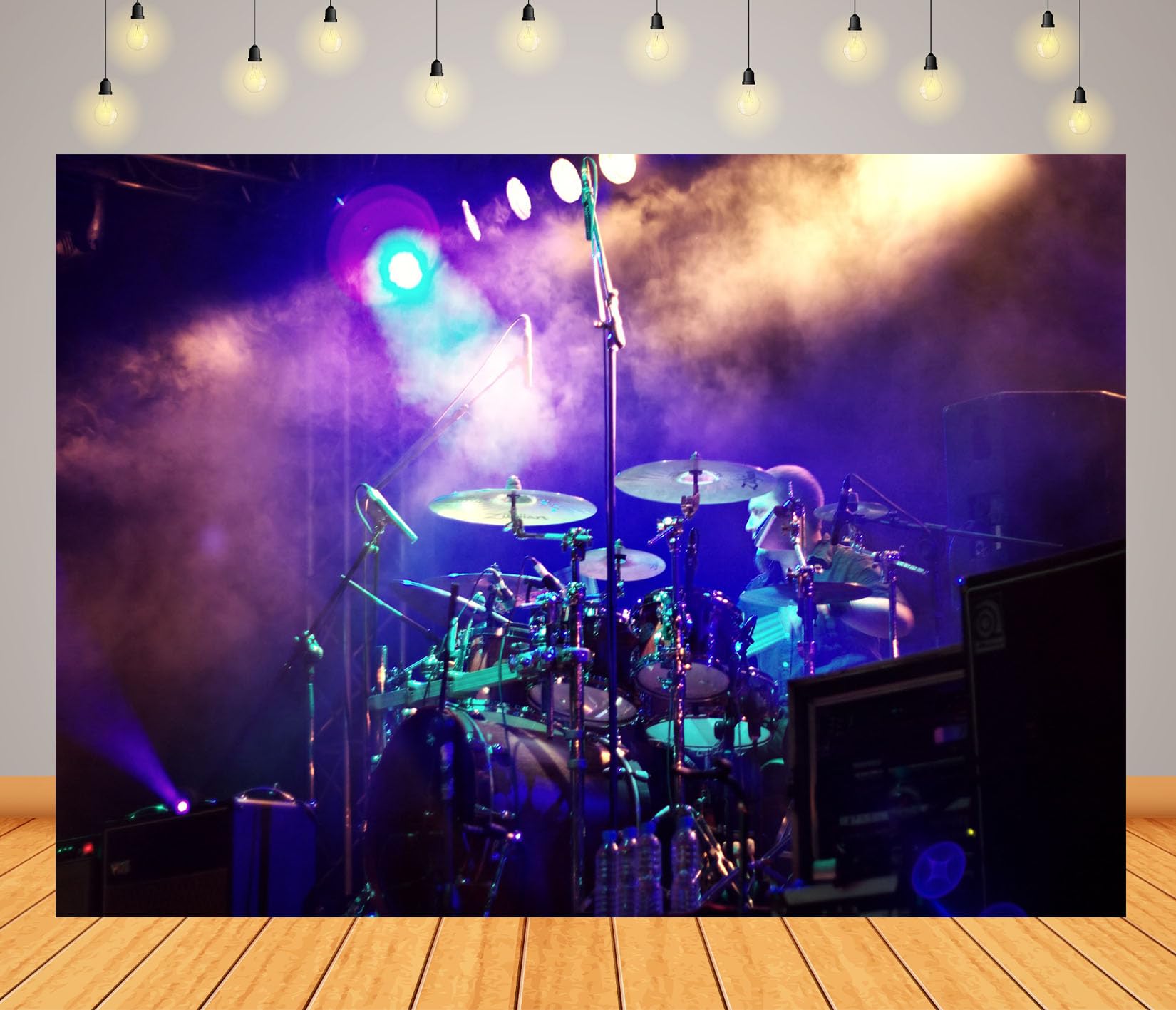 15x8FT (4.6x2.5m) Concerto Di Batteria Con Luci Viola Sfondo Fotografico | Palco Musicale Energico Fondale In Tessuto,Grande Batteria Faretti Fumo,Per Feste Musicali E Ritratti Della Band,Photo Booth