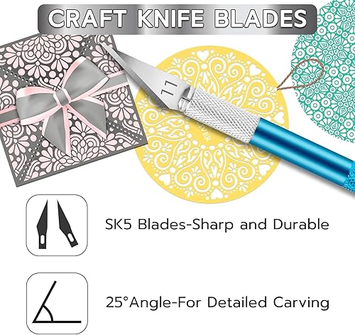 Vista 17 de Juego de 10 cuchillos de pasatiempo, kit de cuchillos de acero inoxidable para tallar calabaza, bricolaje, arte, corte, plantilla Plata