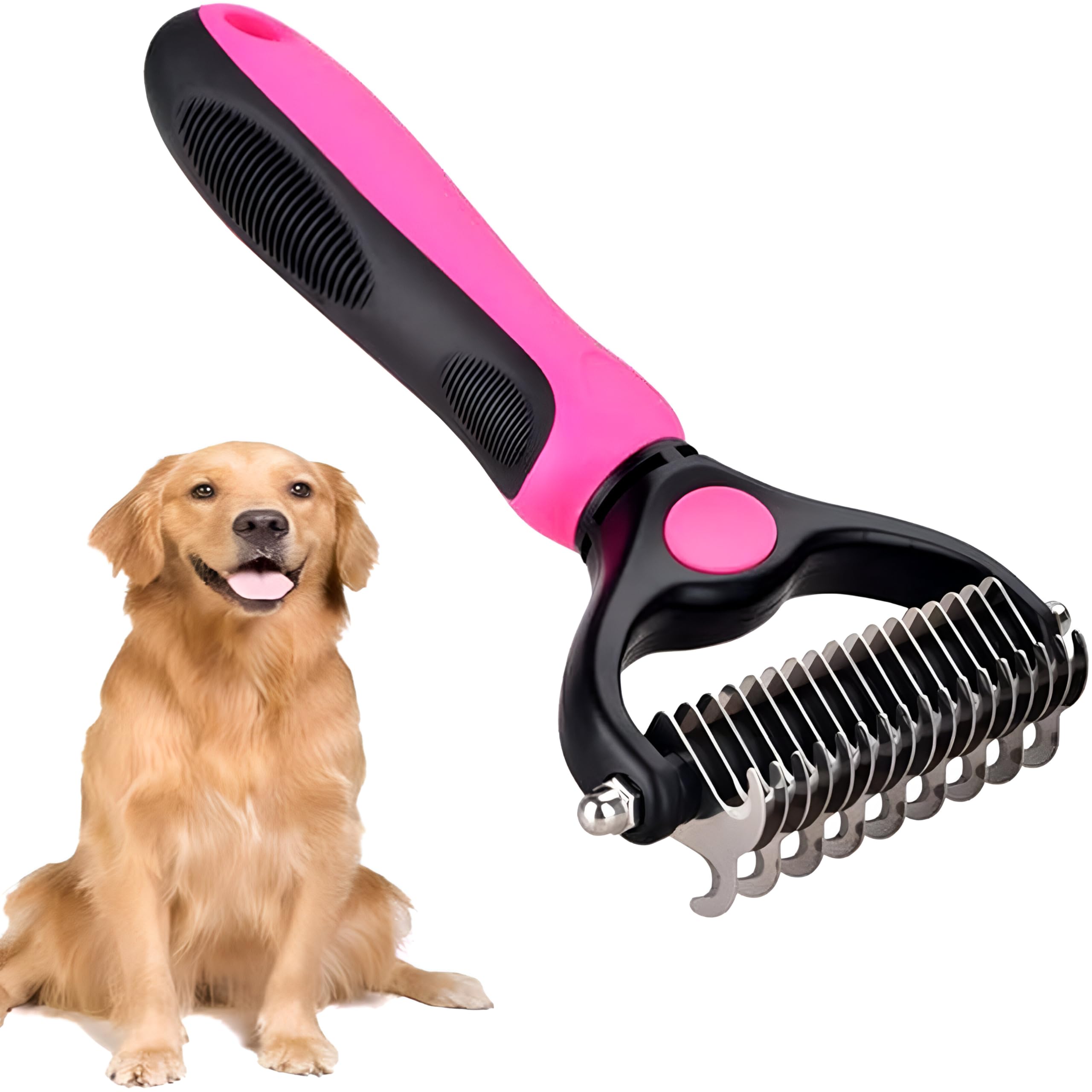 NTEK Double Sided Shedding and Dematting Undercoat Rake Comb for Dogs and Cats | Pet Deshedding Tool for Removing Loose Undercoat | Rake Comb Dematting Tool | Mats – Dual Sided Dog Combs (ROSE RED)