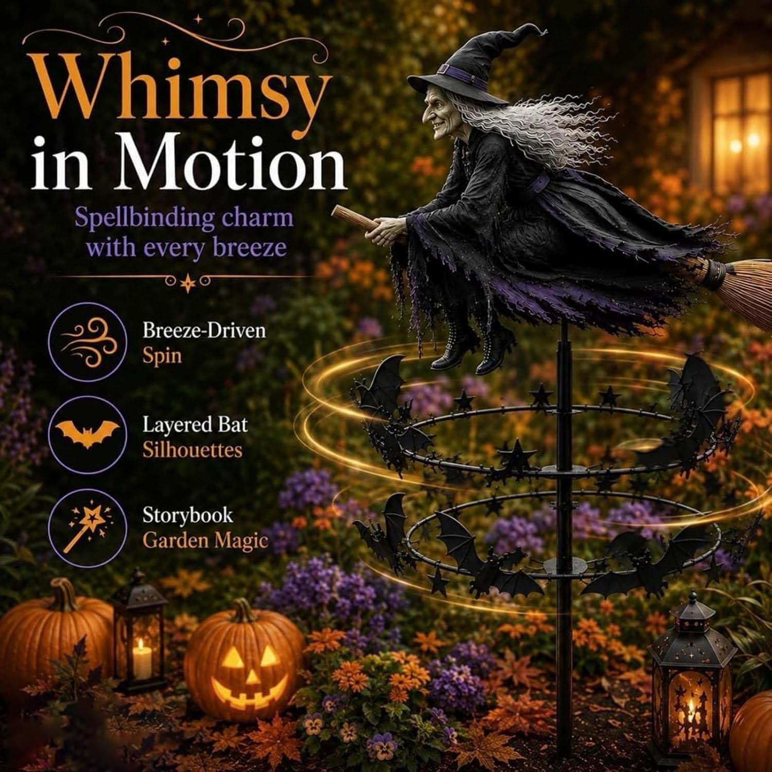 Encantador Molinillo Viento JardíN con Bruja Voladora Y MurciéLago，2 PCS | DecoracióN Halloween Metal Clavar El Suelo,Arte GóTico Exteriores,DecoracióN OtoñAl Para CéSped,Patio O Camino