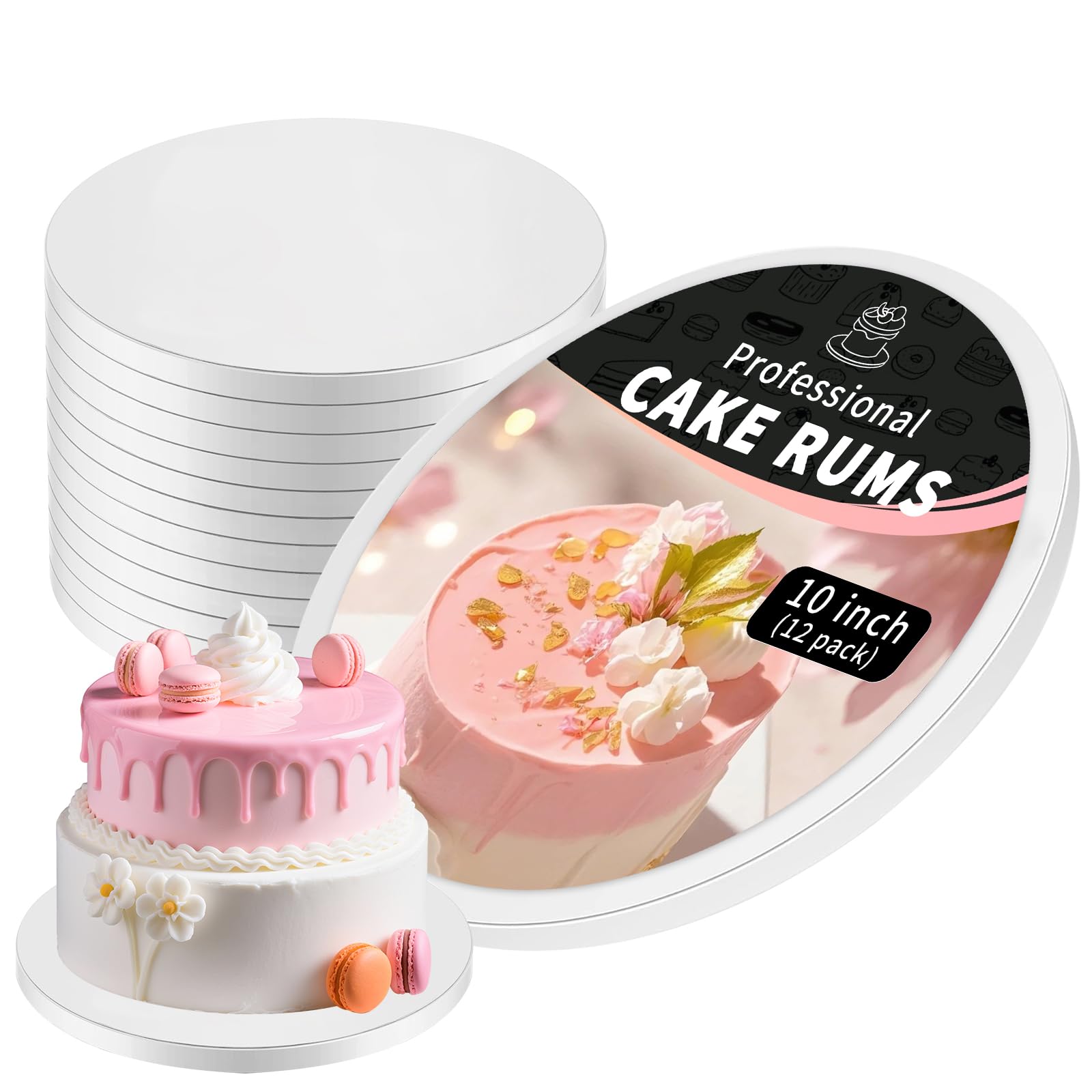 10 Inch Cake Board Drums Round, 12-Pack, White, Sturdy 1/2" Thick Heavy Or Multi-Tiered Cakes for Bithday Wedding Party. (10inch(12pack))