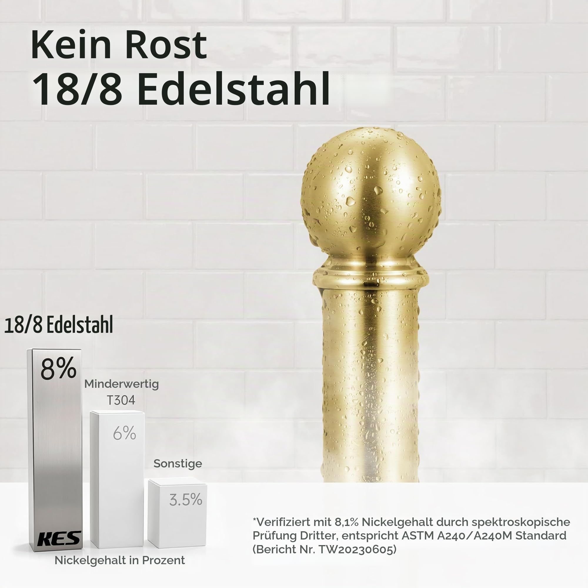 KES Küchenrollenhalter Marmor Stehend, Küchenrollenhalter Stehend Arbeitsplatte, Küchenrolle Halter Küchenpapierhalter aus 18/8 Edelstahl, Rostfrei, Gebürstetes Gold, KPH208-BZ