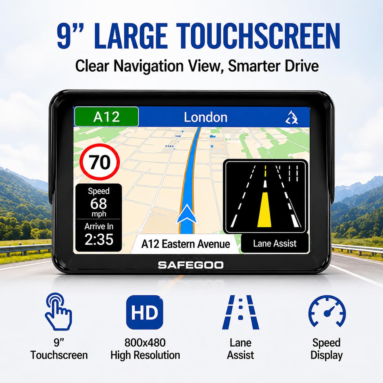 9 Inch GPS Sat Nav for Car, Truck & HGV with Sunshade, UK & Europe 2026 Maps, Free Lifetime Updates, Speed Camera Alerts, Custom Truck Routing, Offline Navigation — view 7
