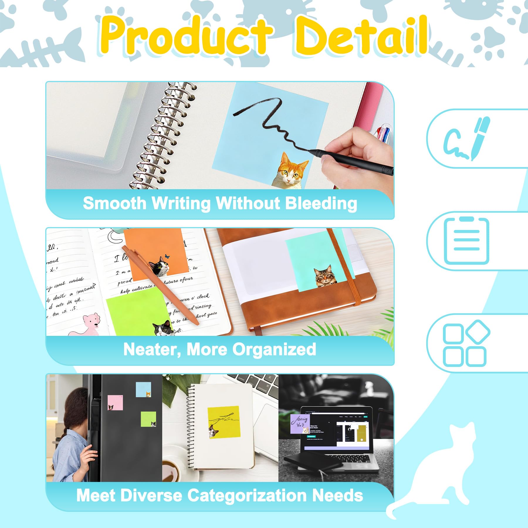 YeahBoom 450 Sheets Sticky Notes for Small Cats Kawaii Notes, Colourful Animal Sticky Notes, Cute Super Sticky Notes, for Office Pages, Study 76 x 76 mm - Image 4