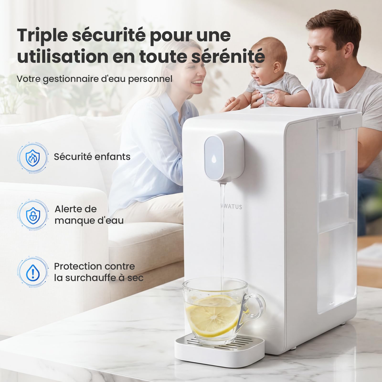 Distributeur eau chaude, distributeur instantané avec filtration et chauffage, 3 cartouches filtrantes. Filtrez l'eau pour réduire le calcaire, le chlore, le plomb.