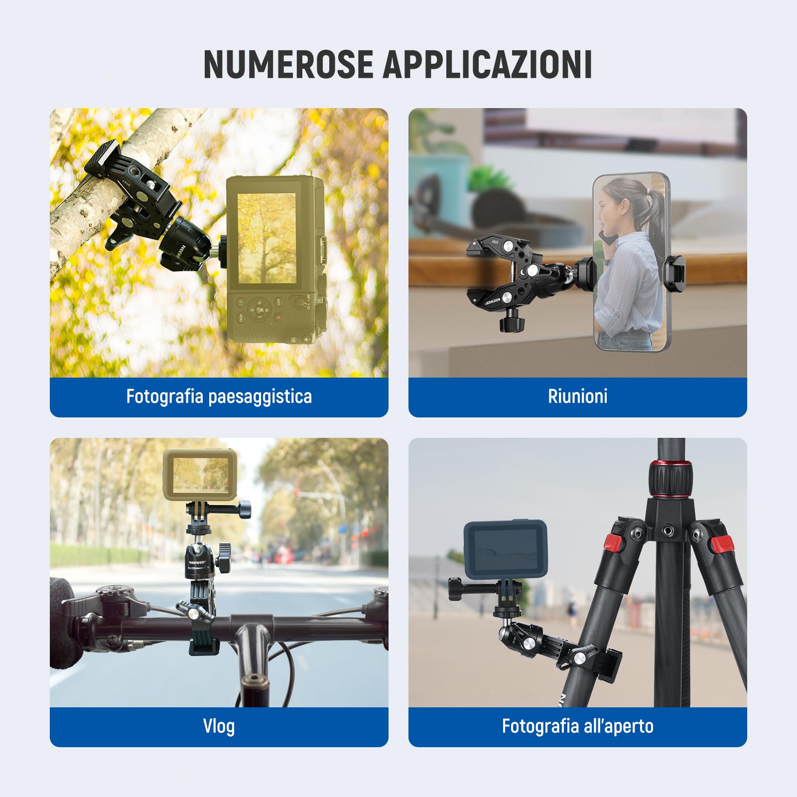 NEEWER Super Clamp con Testa a Sfera, Cold Shoe, Supporto per Telefono e Adattatore per Action Camera per Superfici Piane/Rotonde Compatibile con GoPro DJI iPhone 15 Pro Max, ST87