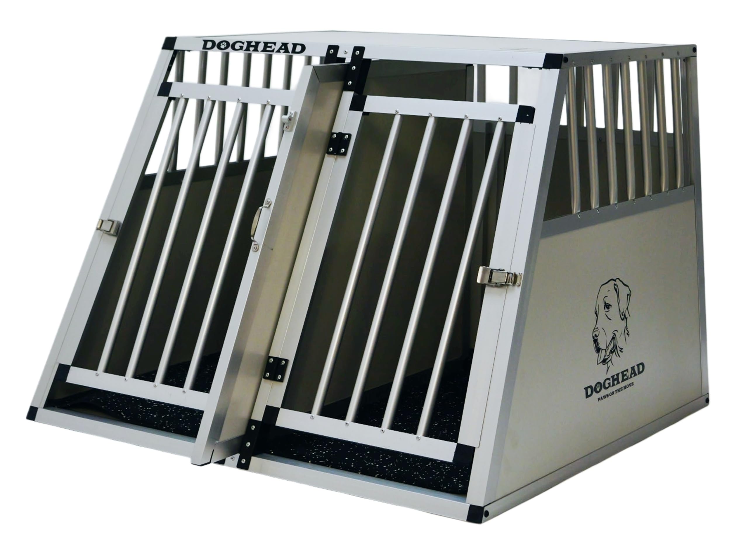 DOGHEAD Hundetransportbox Comfort, Double 97x85x69 cm EG, Schwarz, Aluminium, Vorne 65° Grad Winkel abgeschrägt, hinten 90° Grad (gerade), Trennwand mit Griff, Keine Kombibox