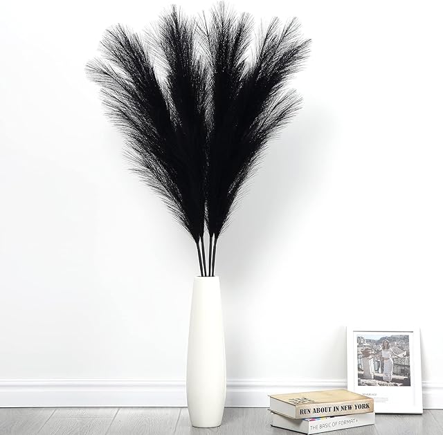 LinTimes 4 PCs Large Artificial Pampas Grass, 43 Inch Black Fake Pampas Grass Soft Fluffy Dried Flowers Decor for Tall Floor Vases Decoration Rustic Wedding Arrangement Boho Home Decor