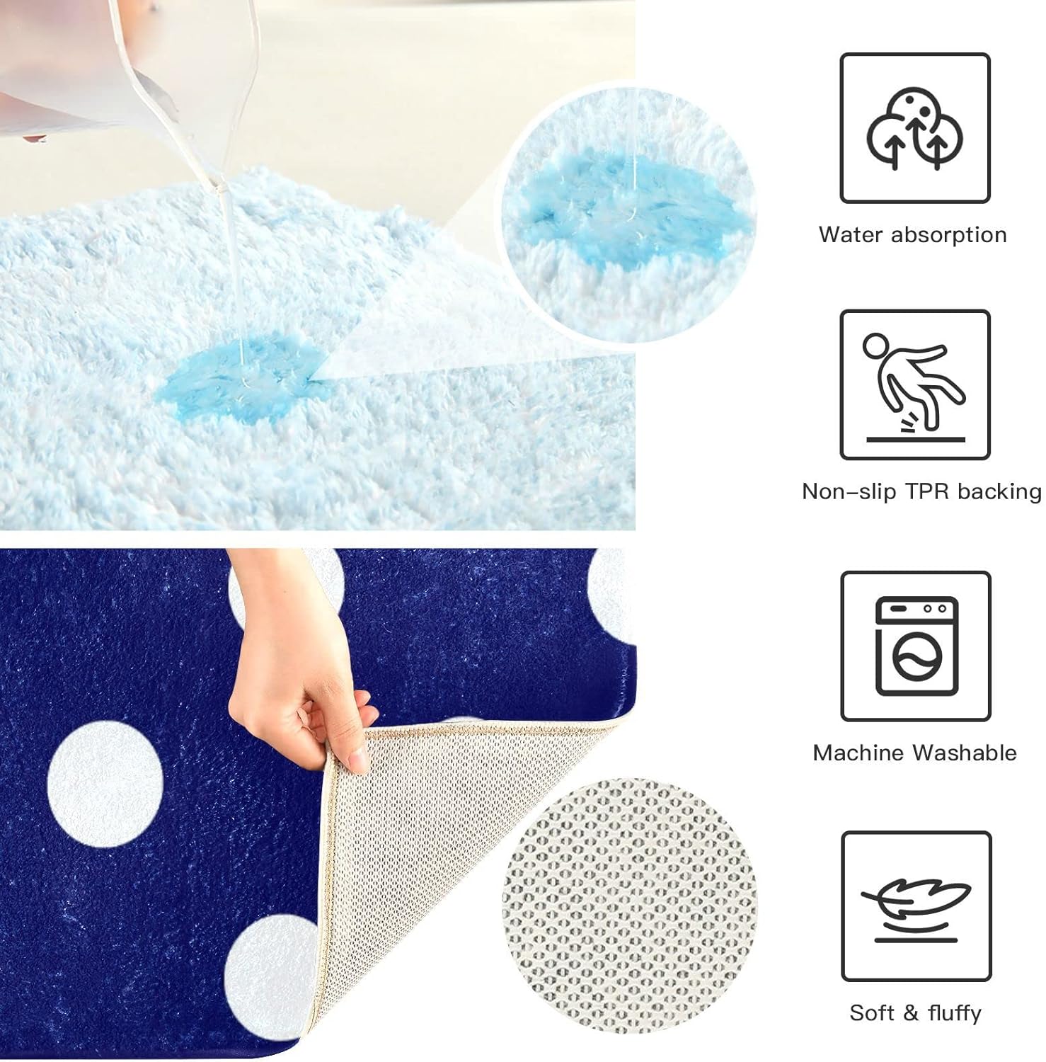 Polka Dot Bathroom Rugs Mats Soft Absorbent Bathroom Rug Mat Bath Rug Mats Washable Non Slip Bath Rugs Mat for Bathroom Door Mat Tub, Bathroom Rugs Sets 2 Piece