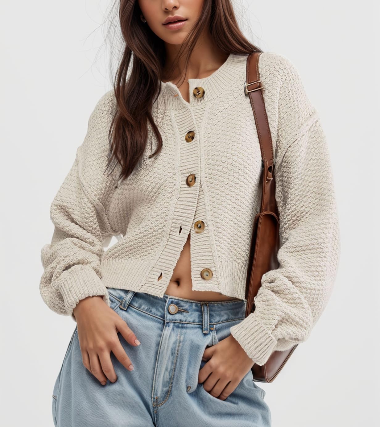 CHARTOU Women Casual Sweater Button Down Cardigan Crewneck Cropped Knit Jacket Outwear