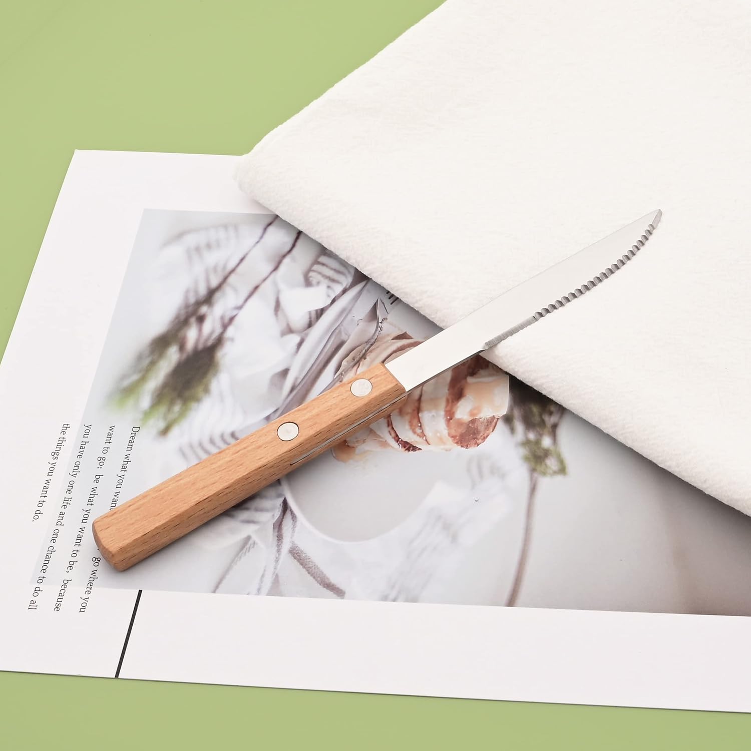 Silver Flatware Set with Natural Wood Handle, 24 PCS Silverware Set for 6, Premium 18/8 (304) Stainless Steel Cutlery Set, Forks Spoons and Knives Set for Home/Camping/Travel, Mirror Finish