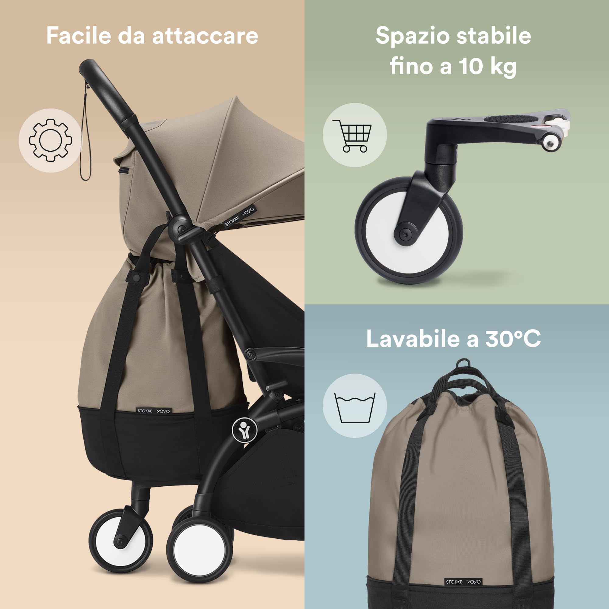 Stokke Borsa YOYO, Taupe - Fornice spazio extra per il passeggino YOYO - Facile da attaccare - Non influisce sulla manovrabilità - Lavabile a 30°C