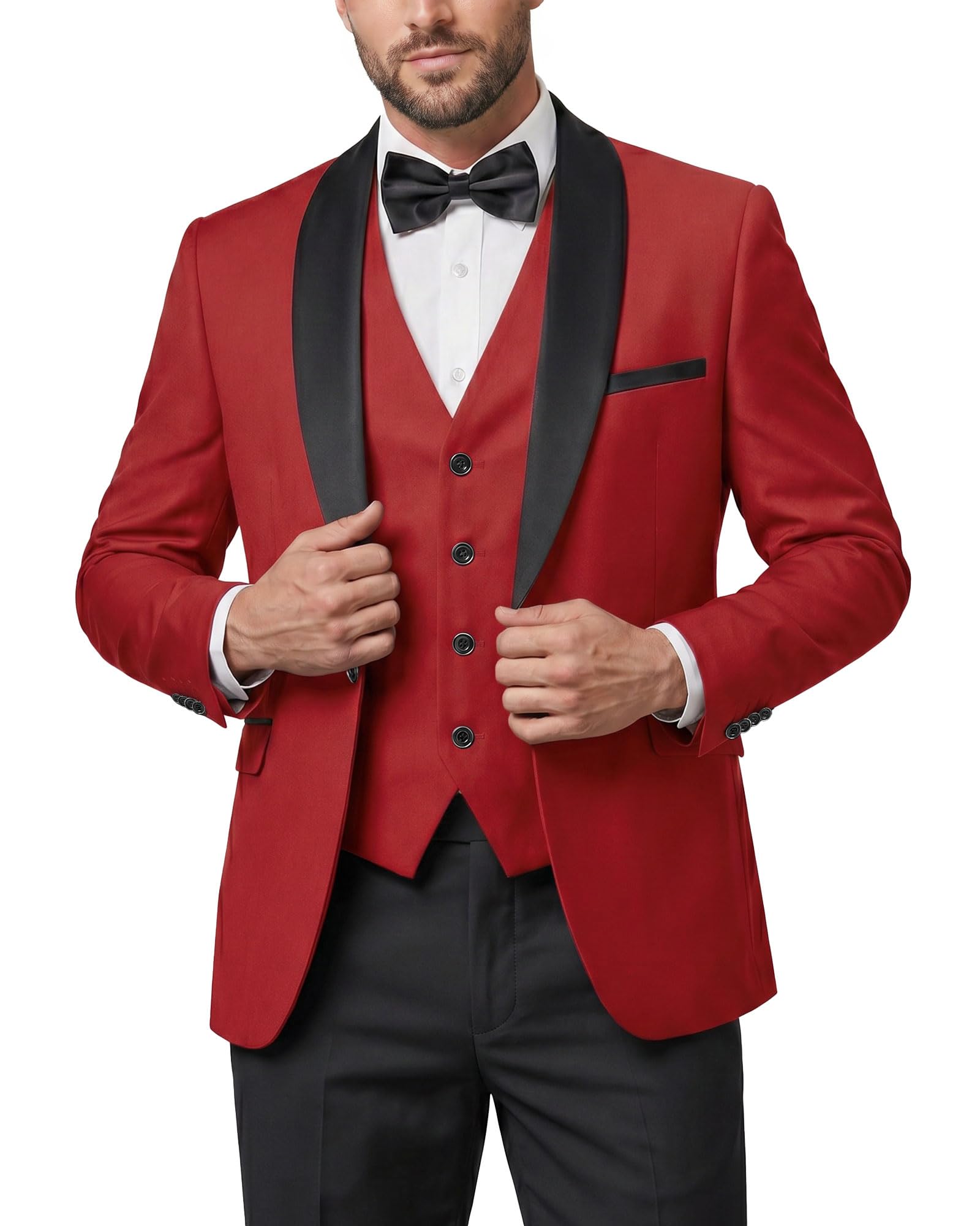 Men's Slim Fit 3-Piece Tuxedo Set, One Button Shawl Collar Jacket Vest Pants for Party, Business and Wedding