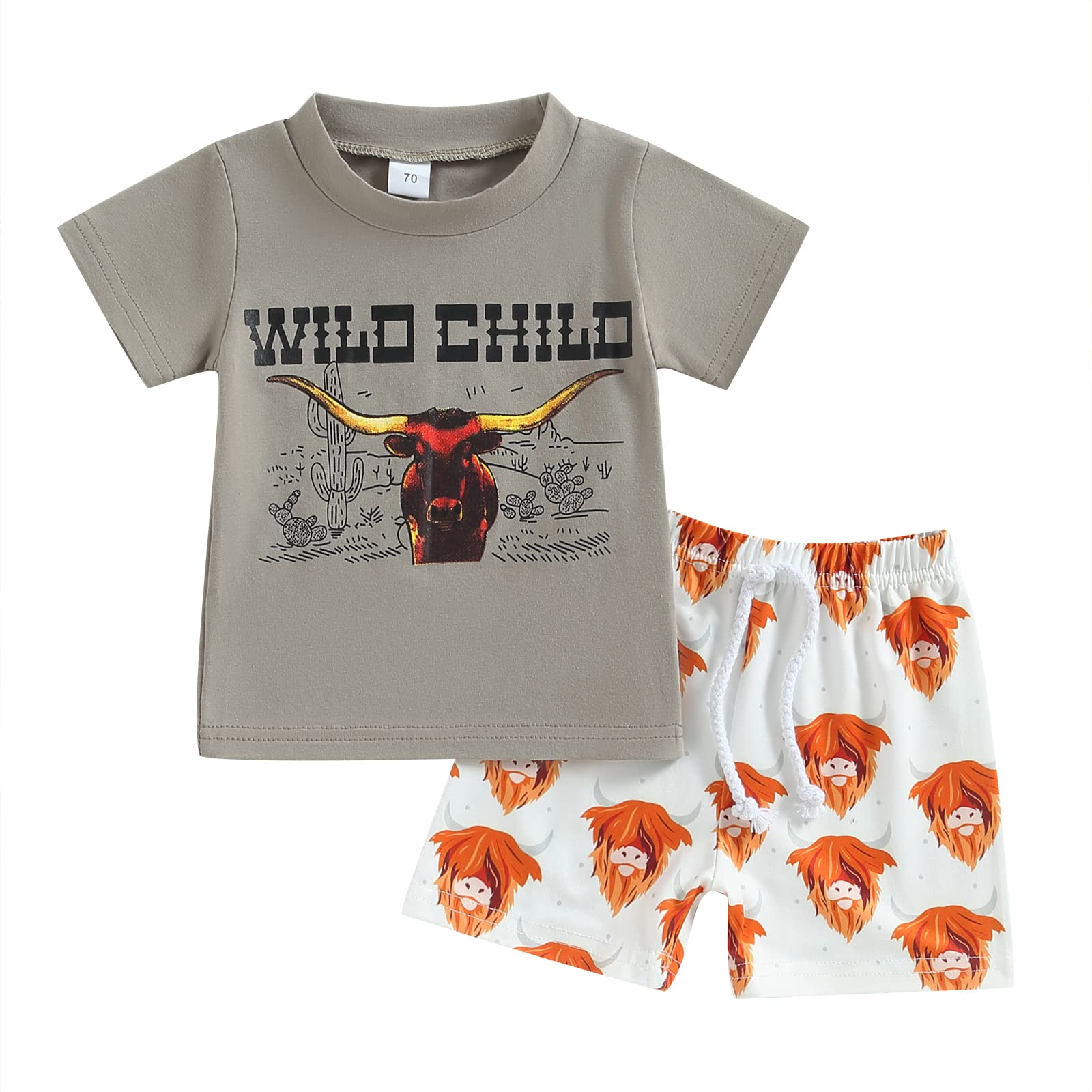 Western Baby Boy Outfit Short Sleeve Cow Print T-Shirt Top Casual Shorts Retro Boho Clothes Cowboy Summer Outfit (Light Brown,2-3T)