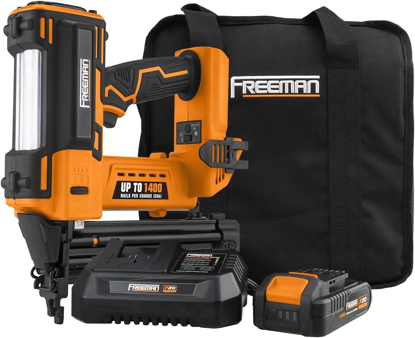 Freeman PE20VBR50 20 Volt Cordless 18-Gauge 2" Brad Nailer Kit with Lithium Ion Battery, Charger, Bag, and Nails (500 Count) – 1400 Shots per Charge