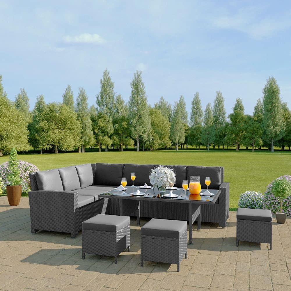 Abreo 9 Seater Corner Rattan Dining Set Garden Sofa Furniture Black Brown Grey (Solid Grey with Dark Cushions) INCLUDES OUTDOOR WATERPROOF COVER