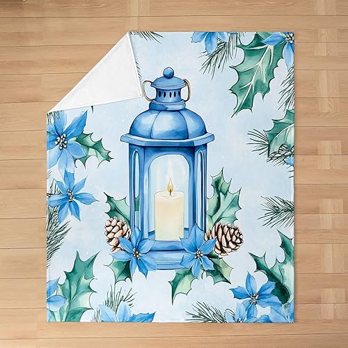 Miniatura 2 de Erosebridal Blue Christmas Flannel Blanket 40x50  Lamp Candle Fuzzy Plush Throw for Sofa Couch Poinsettias Flowers Pine Cones Fleece Blanket