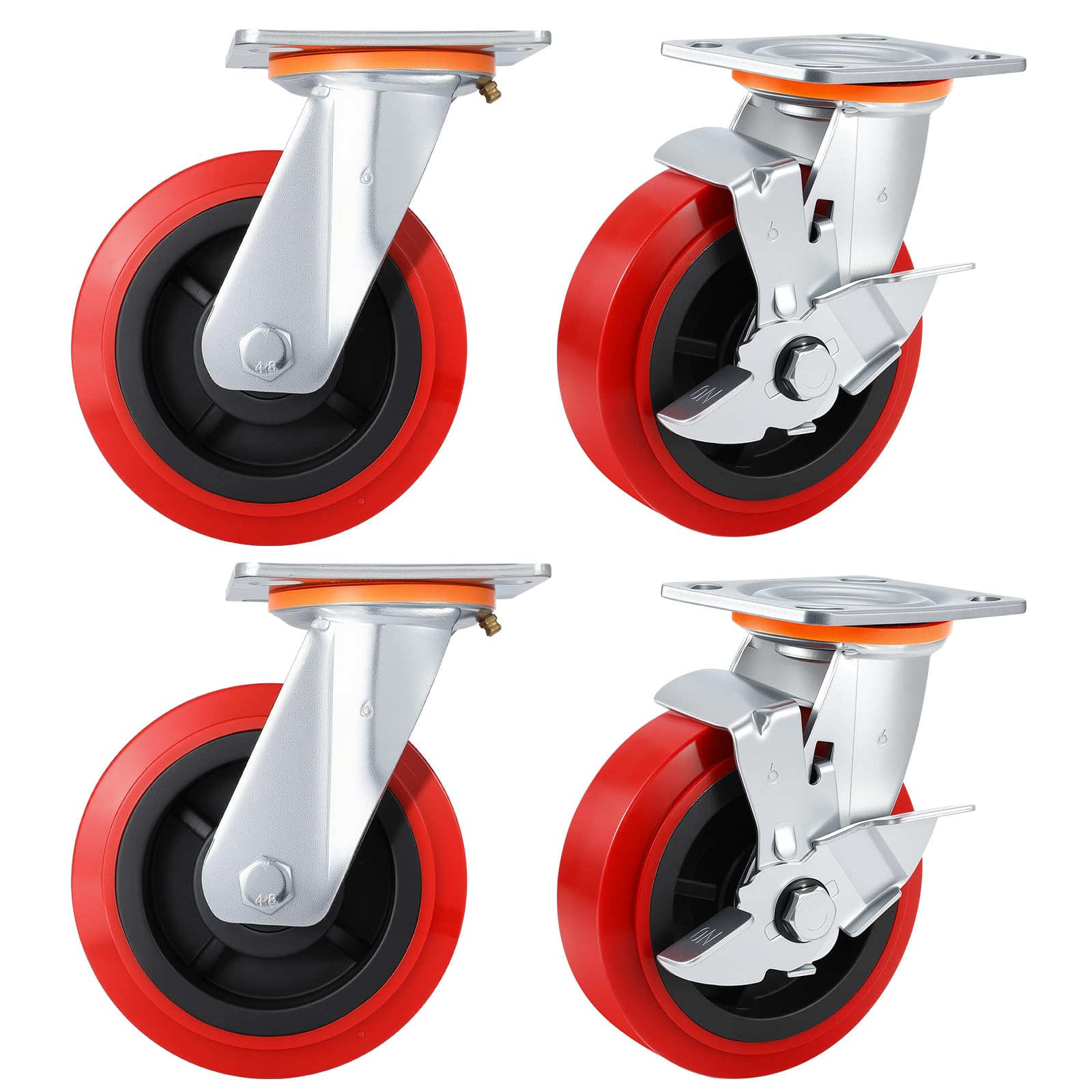 Nfbcxutkw 2Side Brake & 2 Swivel 6 Inch Caster Wheels,Industrial Heavy Duty Caster Set Of 4,Polyurethane Surface Tpe Casters,Load 5000Lbs Swivel Brake Plate Casters,For Industrial Equipment (, 6 Inch)