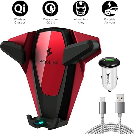 Wireless Car Charger, Wireless Fast Charger Car Mount Air Vent Phone Holder Compatible iPhone Xs MAX/XR/XS/X/8/8 Plus Samsung Galaxy S9/8/7/Note 8/9 and All Qi-Enabled Phones-Red