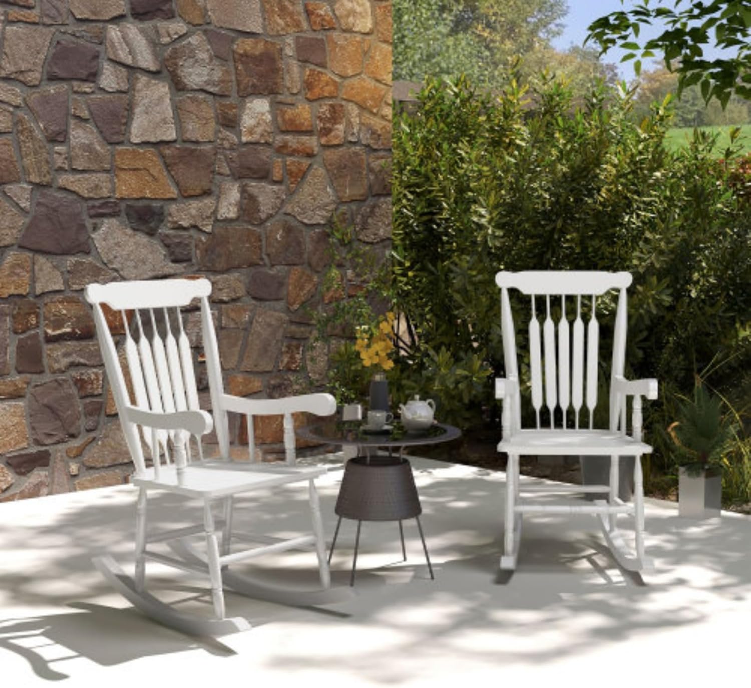 Outdoor Wooden Rocking Chair Set of 2, Lounge Chair, Porch Rocking Chair with High Back for Garden, Patio, Balcony, White