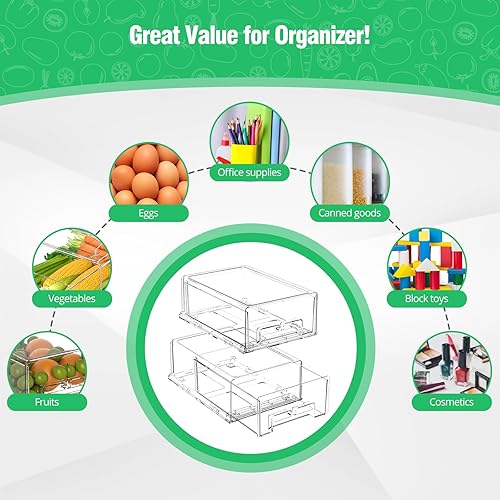Miniatura 6 de Paquete de 2 cajones para refrigerador, organizadores de refrigerador, cajones de almacenamiento apilables, contenedores organizadores transparentes