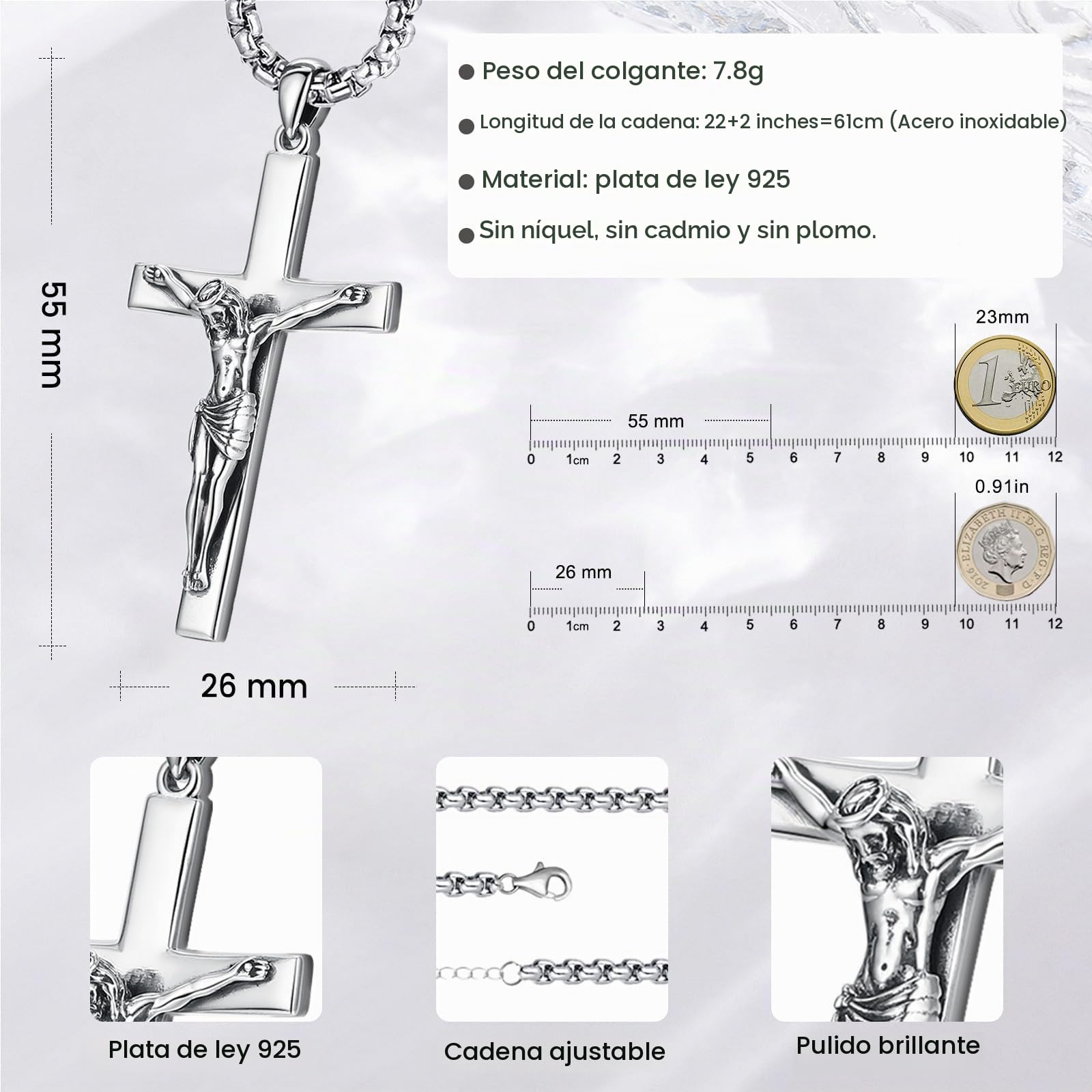 Eusense San Miguel/San Cristóbal/San Antonio/Virgen María/San Benito Crucifijo Collar Colgante Plata de Ley 925 Colgante Amuleto Joyería Regalo para Hombre Mujer