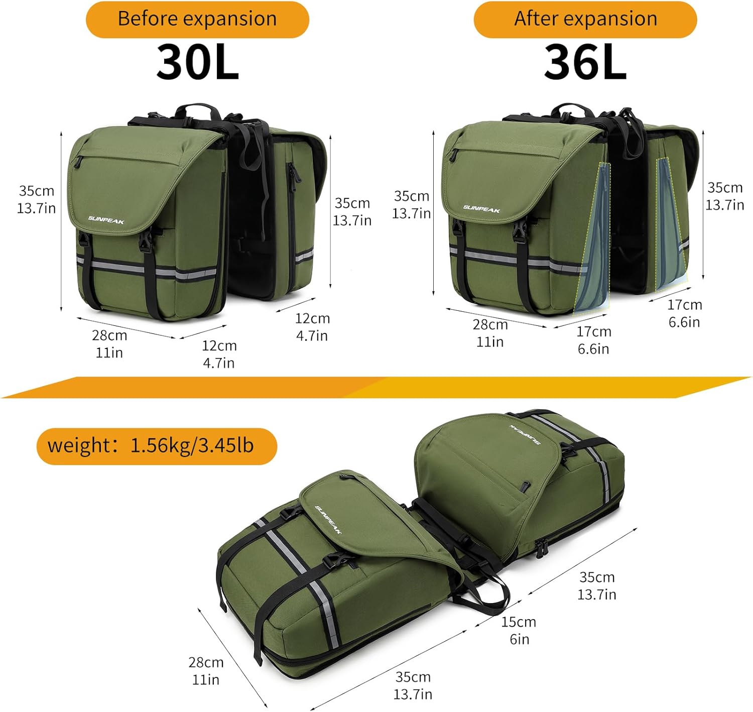 Sunpeak Bike Bag Accessories Panniers for Bicycle Rear Rack Bag 36L Waterproof Mountain Electric Bike Saddle Bag for Cycling Traveling Commuting Green