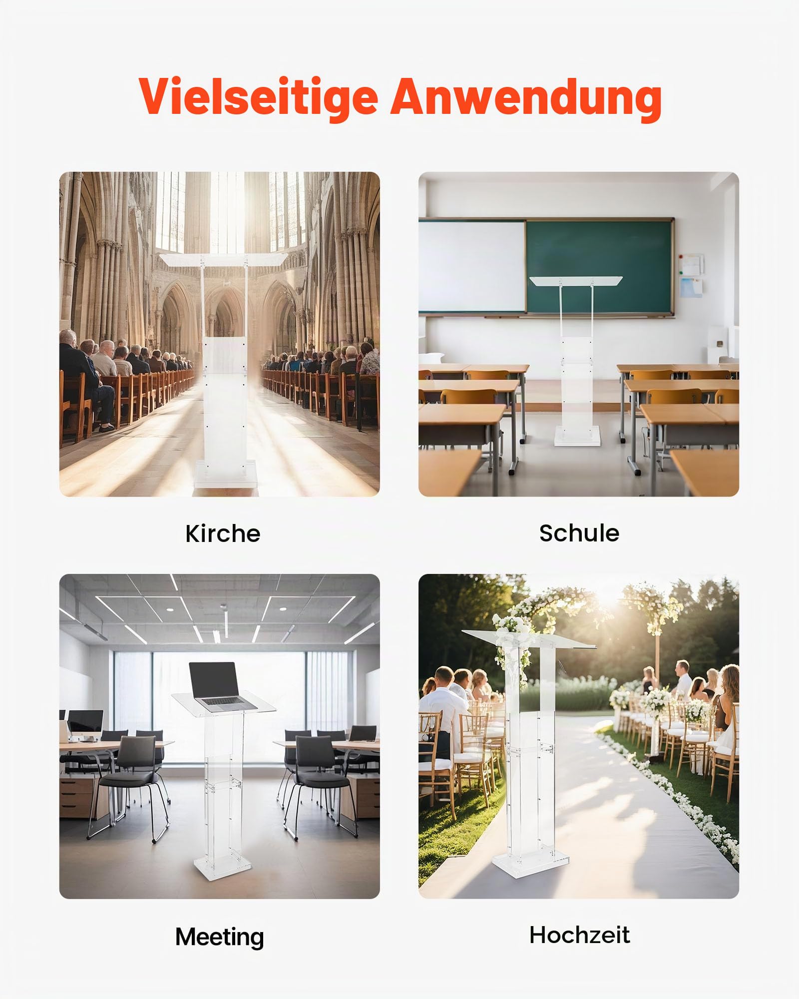 VEVOR Podiumständer Rednerpult (1265 mm) aus Acryl, tragbarer Laptop-Schreibtisch mit breiter Lesefläche & Ablagefläche & Buchstopper, bodenstehend, für Klassenzimmer Hochzeiten Konferenzen